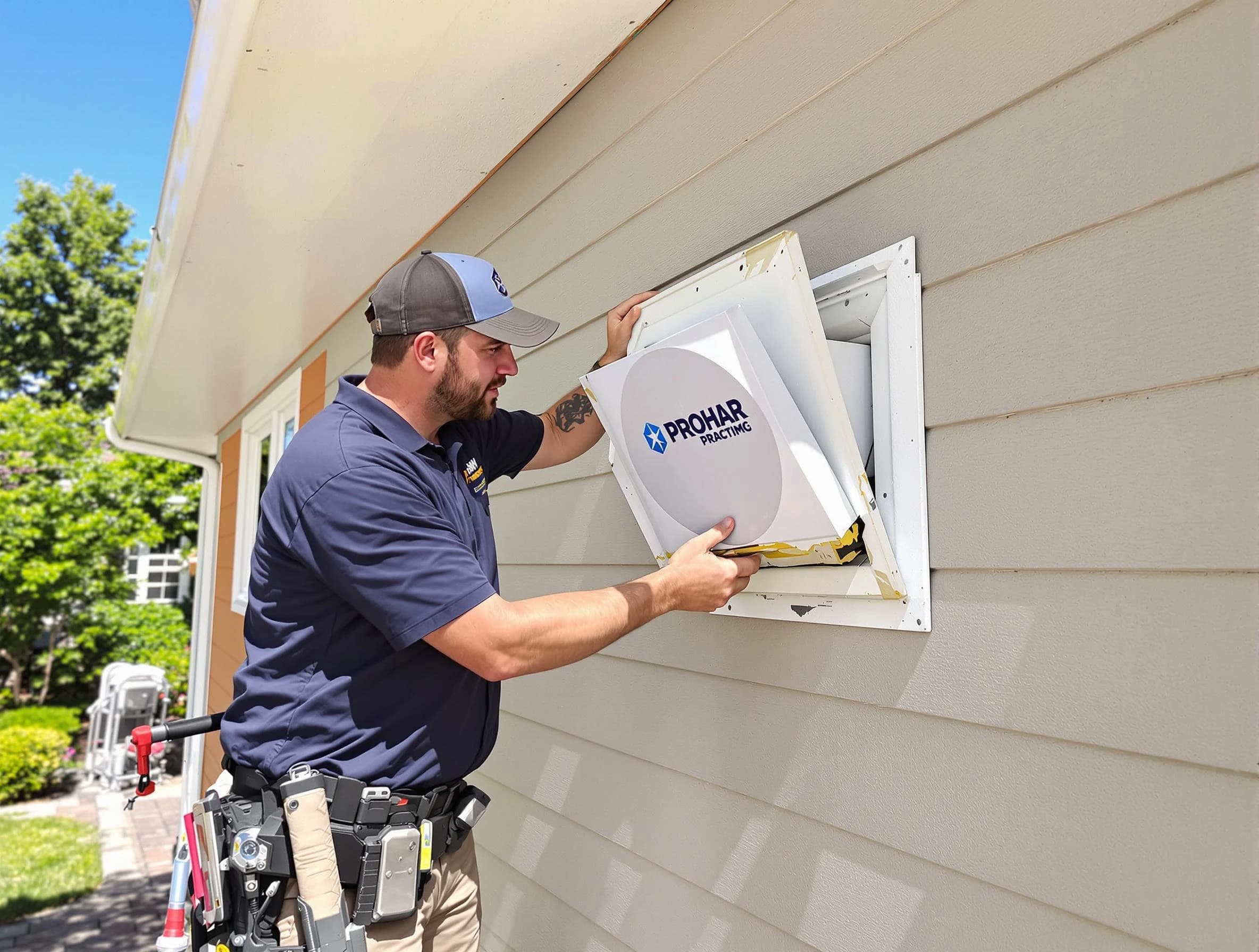 Snyderville Dryer Vent Cleaning technician installing a new protective dryer vent cover on a home in Snyderville