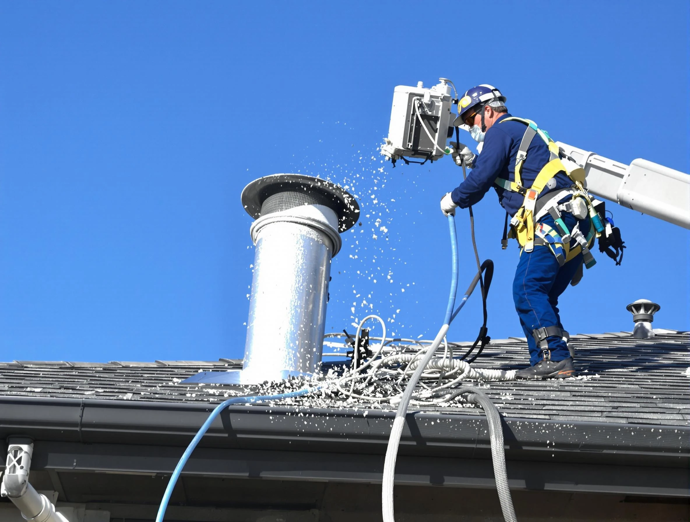 Snyderville Dryer Vent Cleaning certified technician safely cleaning a roof-mounted dryer vent in Snyderville