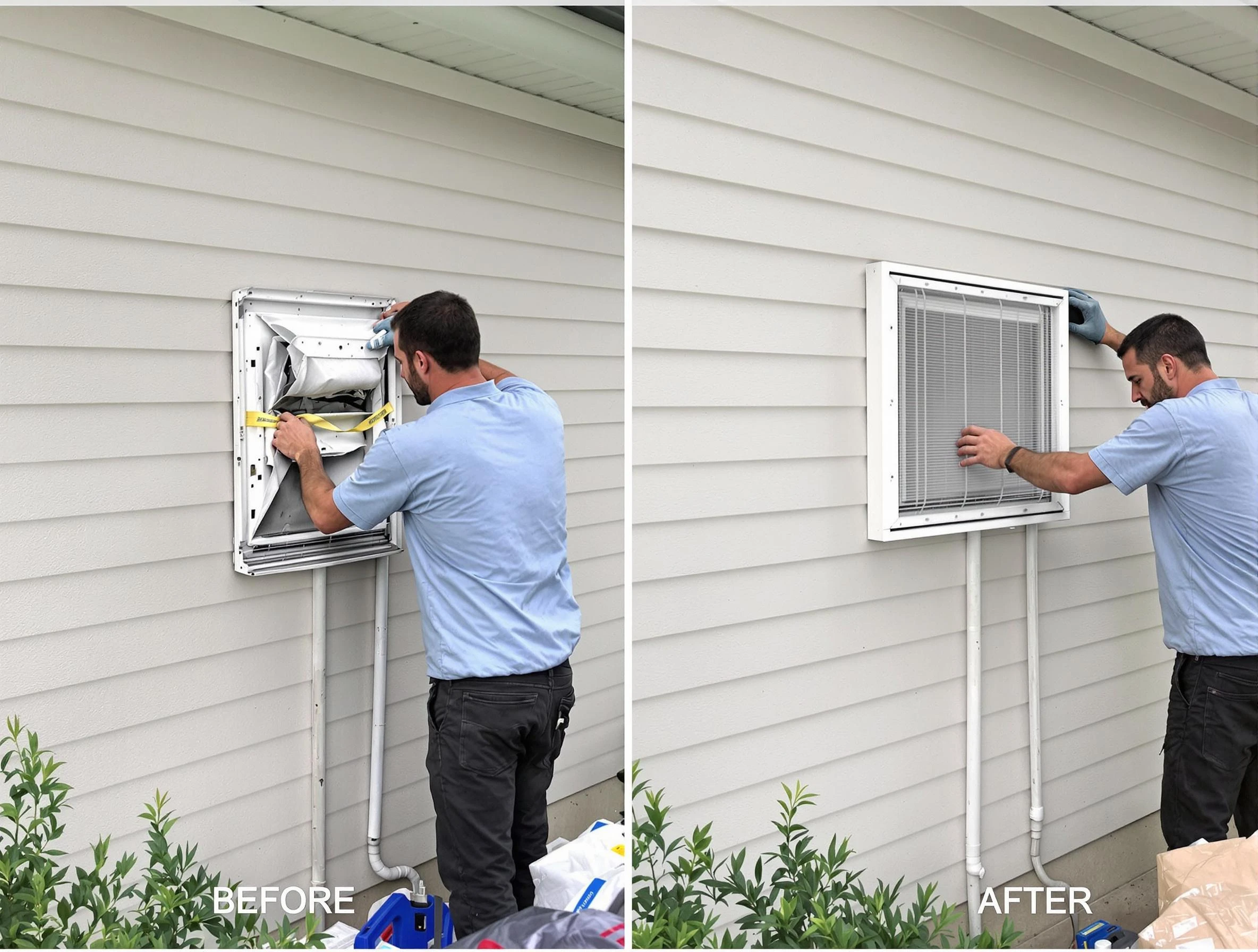 Snyderville Dryer Vent Cleaning technician installing high-quality dryer vent cover at a residential property in Snyderville